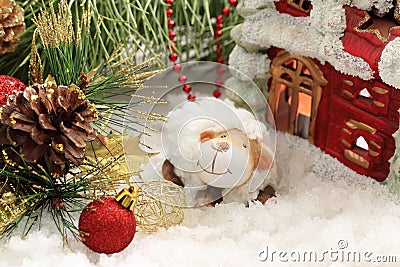 Christmas postcard with New Year sheep Stock Photo