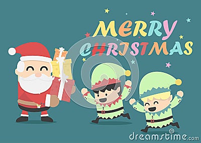 Christmas poster design Christmas card with Santa Claus and Elves Vector Illustration