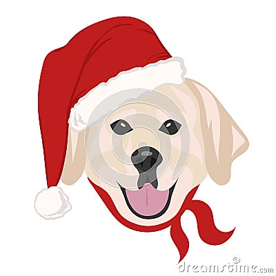 Christmas poster featuring a portrait of a dog wearing a Santa hat. Labrador. Vector Illustration