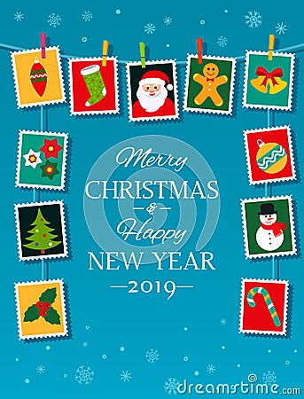 Christmas poster or greeting card. Traditional hanging Christmas decorations and garlands - Santa, holly, snowman, Christmas ball Cartoon Illustration