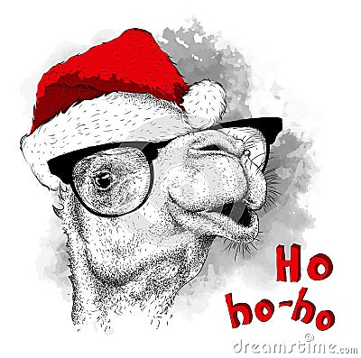 The christmas poster with the image camel portrait in Santa`s hat. Vector illustration. Vector Illustration