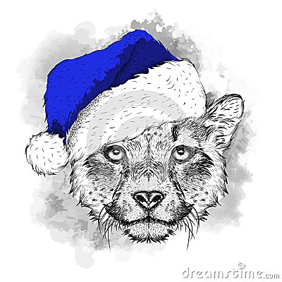 The christmas poster with the image cheetah portrait in Santa`s hat. Vector illustration. Vector Illustration