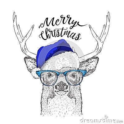 The christmas poster with the image deer portrait in Santa`s hat. Vector illustration. Vector Illustration