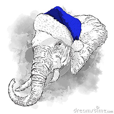 The christmas poster with the image elephant, portrait in Santa`s hat. Vector illustration. Vector Illustration