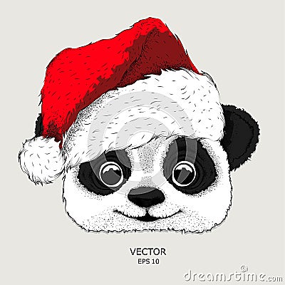 The christmas poster with the image panda portrait in Santa`s hat. Hand draw vector illustration. Vector Illustration