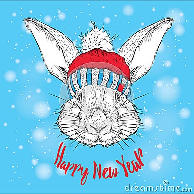 The christmas poster with the image rabbit portrait in winter hat. Vector illustration. Vector Illustration