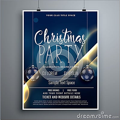 Christmas poster party flyer design template with hanging balls Vector Illustration