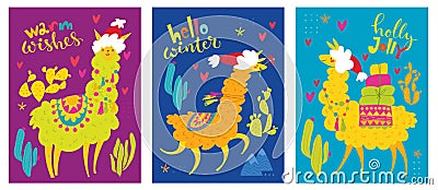 Christmas posters with alpaca or lama characters and wishes. Vector Illustration