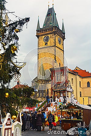 Christmas in Prague. New Year tree and Christmas market at Old Town Square in Prague. Czech Republic Editorial Stock Photo