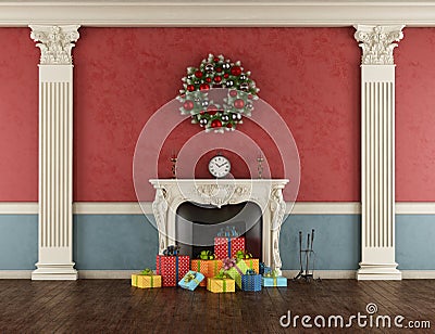 Christmas present in a classic fireplace Stock Photo