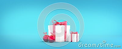 Christmas Present gift box with ribbon on blue background. Decorative package for christmas or birthday present. Copy space templ Stock Photo