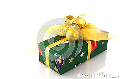 Christmas present green with gold Stock Photo