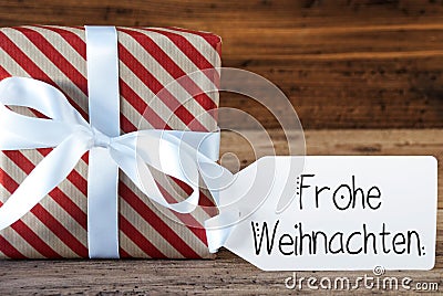 Christmas Present, Label, Frohe Weihnachten Means Merry Christmas, Bow Stock Photo