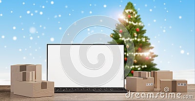 Christmas presents as postal packages ordered and delivered after bought over the internet 3d-illustration Cartoon Illustration