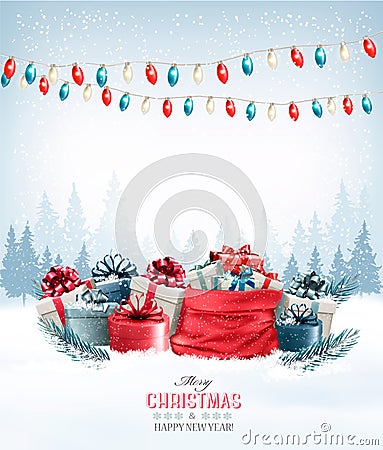 Christmas presents with a garland and a sack full of gift boxes. Vector Illustration