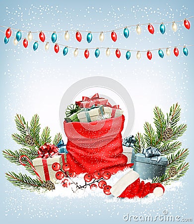 Christmas presents with a garland and a sack full of gift boxes. Vector Illustration