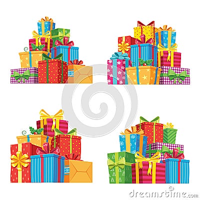 Christmas presents in gift boxes. Birthday present box, xmas gifts pile isolated vector illustration Vector Illustration