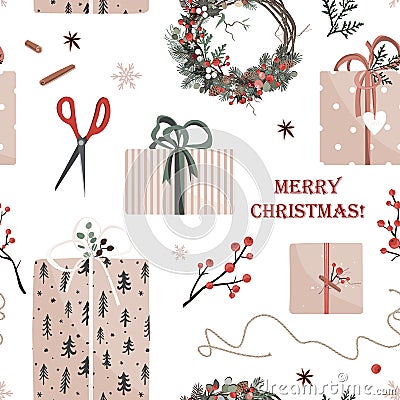 Christmas presents in kraft paper with becoration items, scissors and wreath. Xmas retro gift box background, eco Vector Illustration