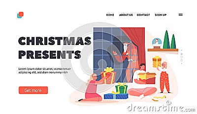 Christmas Presents Landing Page Template. Happy Family Xmas Celebration, Kids Open Gifts Celebrate Eve at Home Vector Illustration
