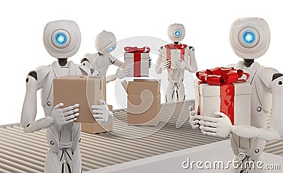 Christmas presents logistics pack gifts ready to ship with autonomous robots 3d-illustration Cartoon Illustration
