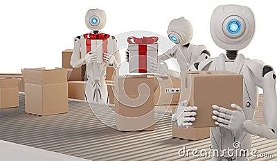 Christmas presents logistics pack gifts ready to ship with autonomous robots 3d-illustration Cartoon Illustration