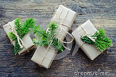 Christmas presents with natural decorations Stock Photo
