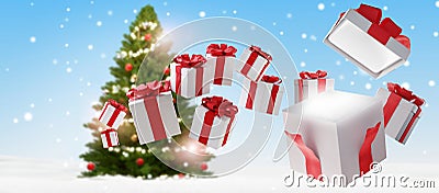 Christmas presents with one opened surprise box and blurred christmas fir 3d-illustration Cartoon Illustration
