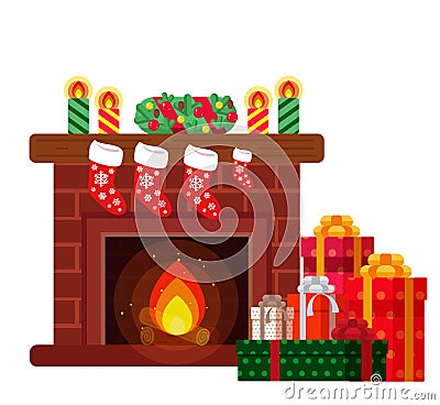 Christmas presents under the fireplace. Vector Illustration