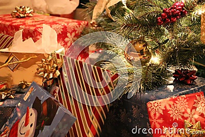 Christmas presents under the tree Christmas morning Stock Photo