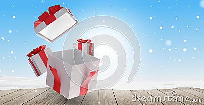 Christmas presents on wooden snow background 3d-illustration Cartoon Illustration