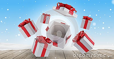 Christmas presents on wooden snow background 3d-illustration Cartoon Illustration