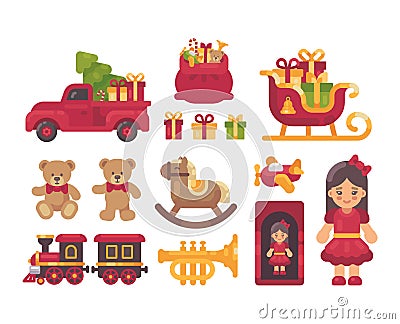 Christmas presnts collection. Toys and gifts flat illustration Vector Illustration