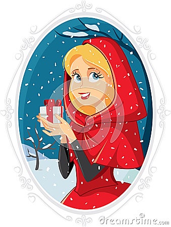 Christmas Princess With Gift Box in Winter Outside Vector Illustration