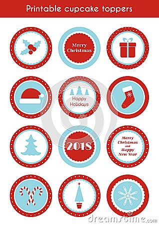 Christmas printable stickers. Circle cupcake toppers, labels for christmas party Vector Illustration