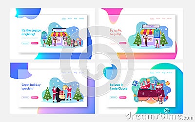 Christmas Promotion Landing Page Template Set. Santa Claus with Gifts, Elf Holding Sale Banner, Reindeer Xmas Promo Vector Illustration