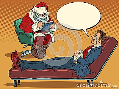A christmas psychotherapy session. The psychotherapist santa claus sees a businessman man, the patient is lying on the Vector Illustration