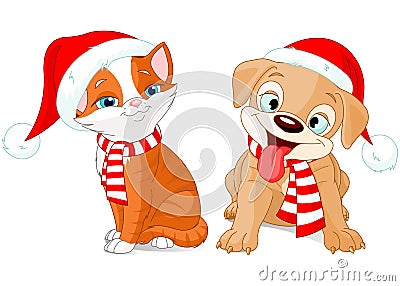 Christmas Puppy and Kitten Vector Illustration