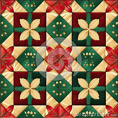 Christmas quilt seamless, repeating background, in red, off-white and green colors. Stock Photo