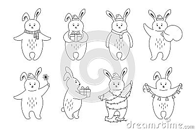 Christmas rabbit line set black outline cute hare Vector Illustration