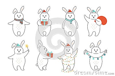 Christmas rabbit line set outline cute hare Vector Illustration