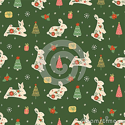 Christmas rabbit pattern. New Year 2023 seamless background, textile, fabric design. Winter print with rabbits, hare Cartoon Illustration