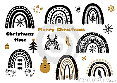 Christmas rainbows set. Winter rainbows. Black cute rainbow element isolated on white New Year clip art vector Cartoon Illustration