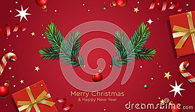 Christmas red background with realistic decorative design elements. Festive Xmas composition flat top view of red gift Vector Illustration