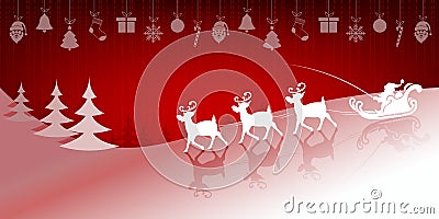 Christmas red background with Santa Claus on deer Vector Illustration