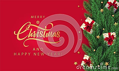 Christmas red Background with Season Wishes and border frame made of realistic Christmas tree and gift boxes in fir branches Vector Illustration