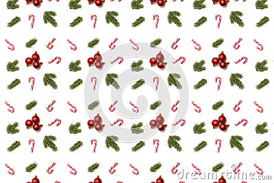 Christmas red balls with spruce branches and canes, seamless pattern on white Stock Photo