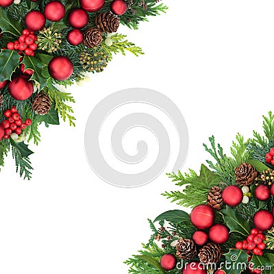 Christmas Red Bauble and Winter Greenery Border Stock Photo