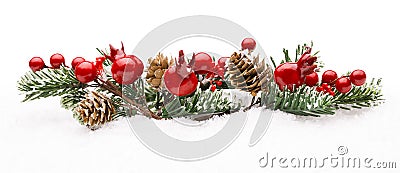 Christmas Red Berries Decoration, Berry Branch Pine Tree Cone Stock Photo