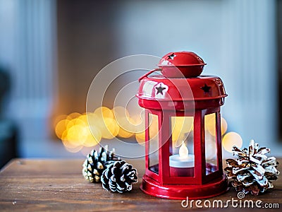 Christmas red flashlight on the background of New Year`s lights. Composition of the new year`s. Postcard. Stock Photo