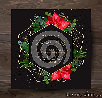 Christmas red poinsettia, eucalyptus, fir branch, barberry vector design winter frame on black Vector Illustration